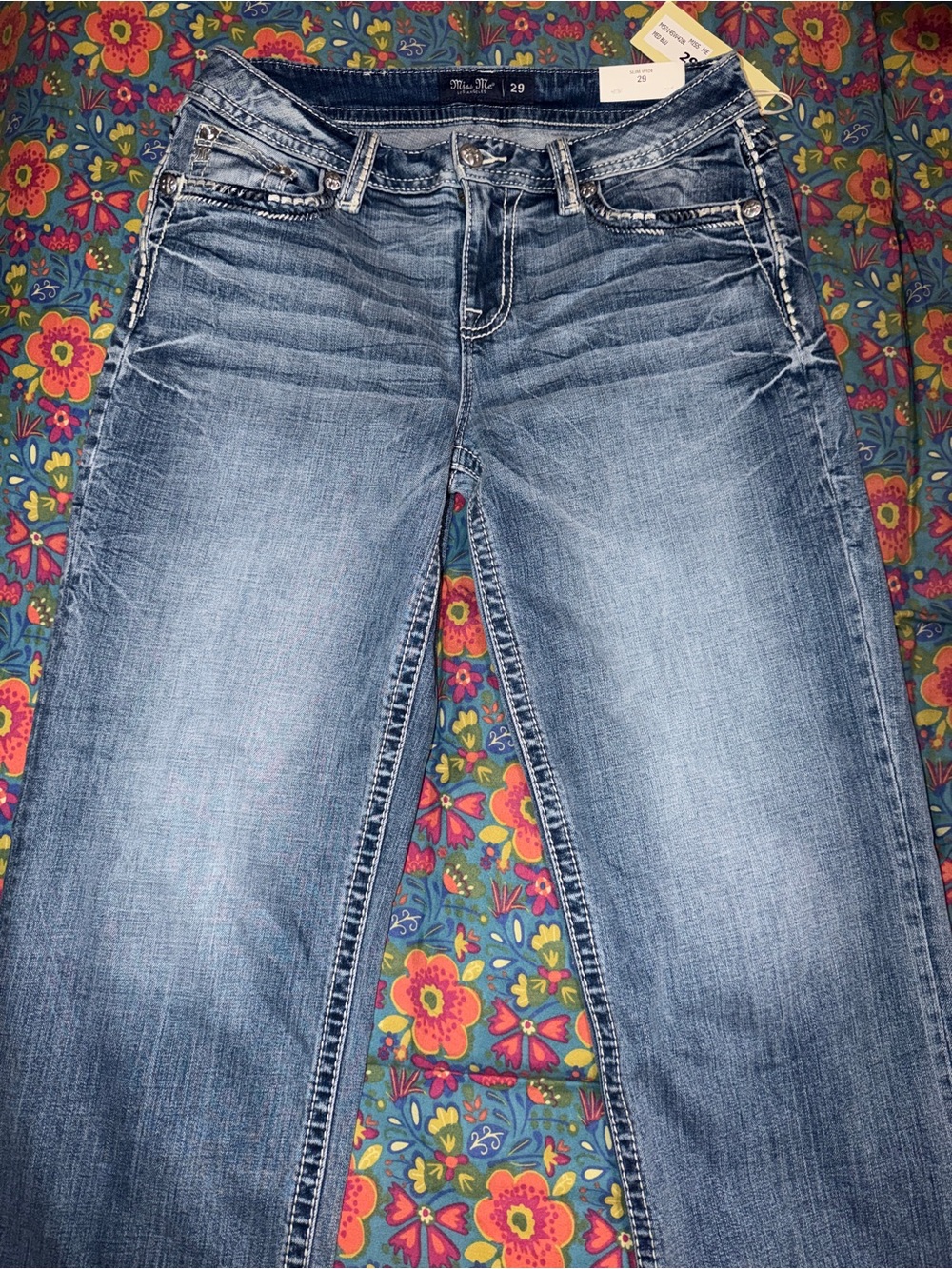 Miss Me Blue Slim Wide Jeans with Whiskered Fade